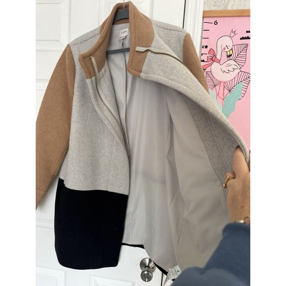 J.Crew Wool Colorblock Coat Size 12 Tan Gray Zipped - Picture 2 of 10